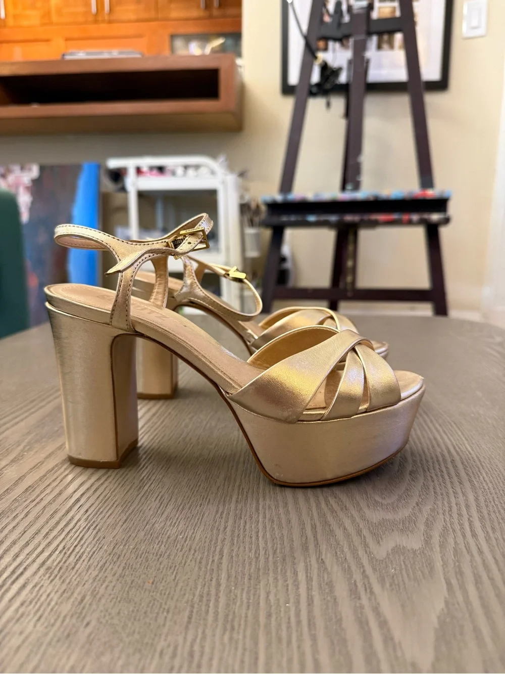SCHUTZ Gold Satin Platform Block Heel Sandals